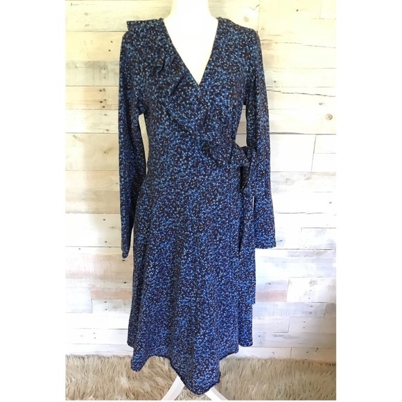 Jibri Blue Ruffle Long Sleeve Swing Wrap Dress 14 - Picture 1 of 8